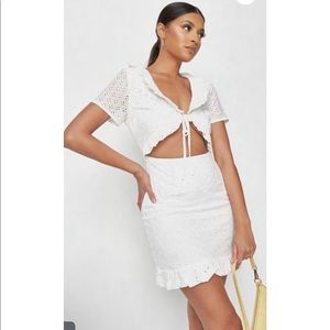 Frill neck cut out broderie mini dress